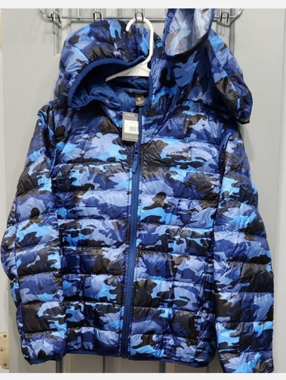 NWUT Eddie Bauer Kids Cirruslite Down Blue Black Camo Hooded Jacket medium